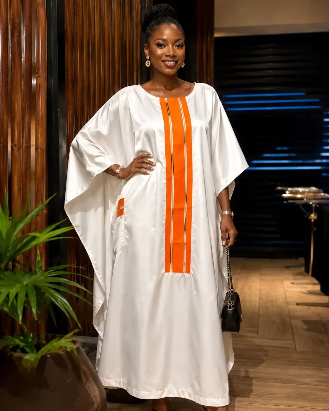 Robe indépendance Côte d’Ivoire KORHA, tenue blanche à bande verticale orange