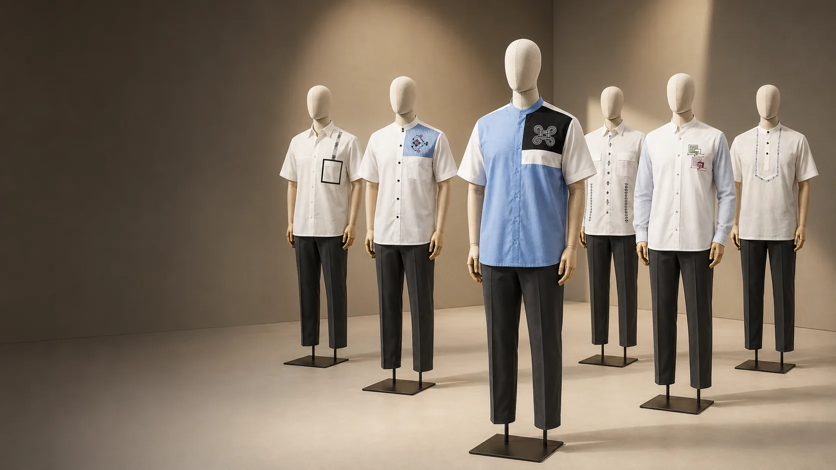 Plusieurs chemises KORHA présentées sur mannequins dans la galerie de la Maison